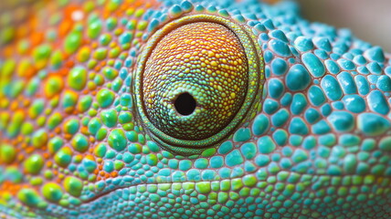 Fototapeta premium Close-up of a chameleon's iridescent skin with vivid eye detail and intricate scales
