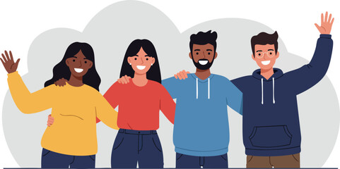 Obraz premium Diverse group of four friends waving and smiling together in casual clothing vector illustration 