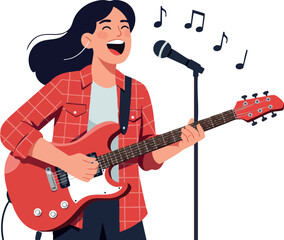 Obraz premium Female musician singing and playing red electric guitar with microphone vector illustration 