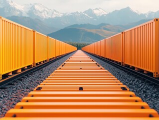 Fototapeta premium Bright orange freight containers line both sides of a railway track, leading toward distant mountains under a clear sky.