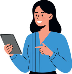 Fototapeta premium Young woman using tablet device in blue shirt technology vector illustration 