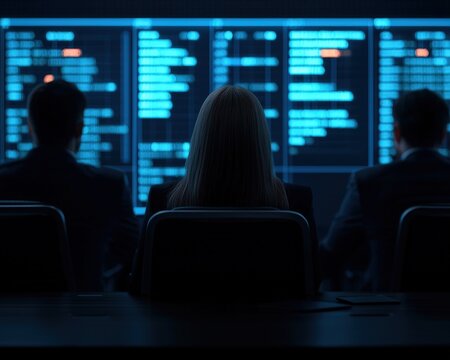Three people analyzing data on large digital screens in a dark control room, focused on cybersecurity or tech operations.