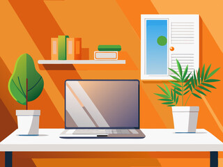 vector of A white laptop on a table on an orange wall and a white wall panel in a modern apartment.