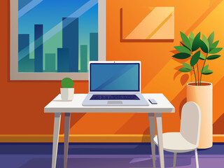 Fototapeta premium vector of A white laptop on a table on an orange wall and a white wall panel in a modern apartment.