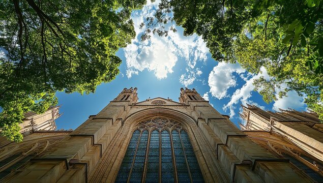 Low-Angle View of Yale University Cathedral with Blue Sky and Green Trees, National Geographic Style
