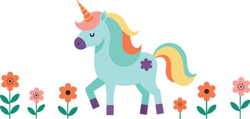 Fototapeta premium Cute blue unicorn with colorful mane surrounded by flowers vector illustration 