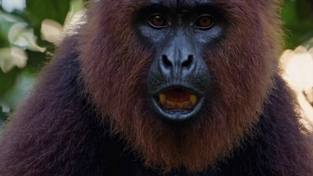 Close-up video of a howler monkey with mouth open, set against a blurred leafy background, capturing a surprised expression from a low angle.