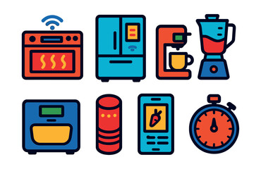 Flat vector icons of smart kitchen devices: smart oven, connected fridge, coffee machine, blender, smart scale, voice assistant, recipe app, timer.
