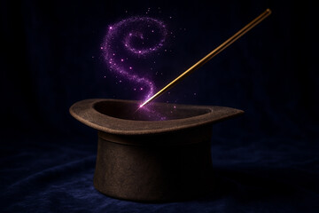 Magic Wand and Hat with Sparkling Purple Magic on Dark Background