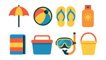 Flat vector icons of beach essentials: sun umbrella, beach ball, flip-flops, sunscreen bottle, beach towel, cooler box, snorkeling mask, sandcastle bucket.