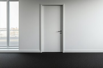 Minimalist office interior with a closed door and window view