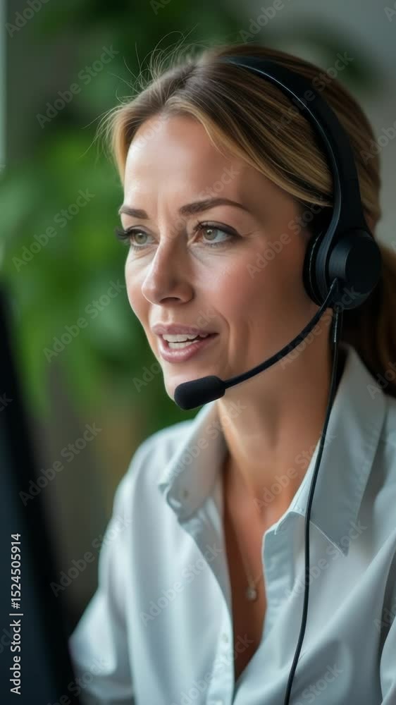 Poster a woman smiling while working on her computer with a headset
