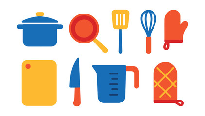 Flat vector icons of cooking utensils: saucepan, frying pan, spatula, whisk, cutting board, chef’s knife, measuring cup, oven mitt.