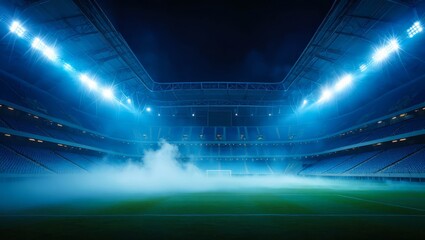 Empty stadium with dramatic lighting and fog on the ground.