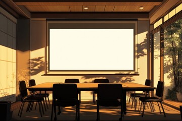 Sunlit minimalist meeting room with a large blank screen, wooden table, and chairs