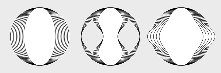 Collection of wireframe globe, ball or sphere with spiral, circular rotating round wave lines, distorted energy vibe rings