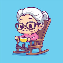 Cozy Afternoon: A charming senior woman relaxes on a rocking chair, sipping from a warm cup. The simple illustration evokes a sense of serenity and peaceful enjoyment.