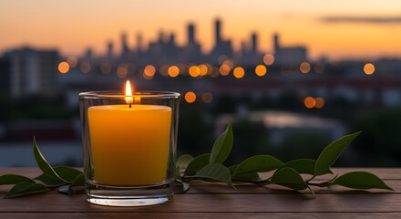 Candle Flame with City Skyline Background at Sunset - Relaxation and Remembrance Theme