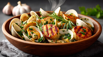 Tasty scallop and clam dish. A flavorful seafood dish featuring grilled scallops and clams, garnished with herbs, garlic, and aromatic spices.