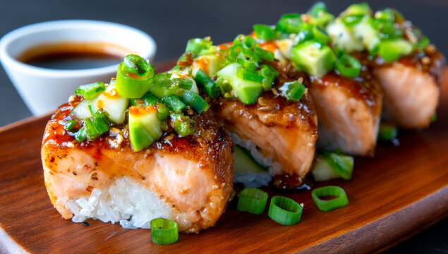 Salmon veggie sushi on wood. Tasty sushi rolls with grilled salmon, fresh veggies, and savory sauce, served with soy sauce.