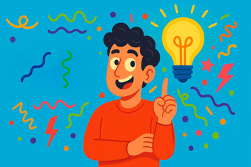 Happy young man pointing up with lightbulb symbolizing idea or inspiration