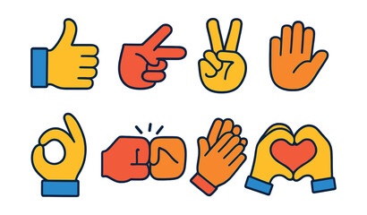 Flat vector icons of human hands making gestures: hand showing thumbs up, hand pointing finger, hand showing peace sign, hand waving, hand making OK sign, hand in fist bump, hand clapping, hand