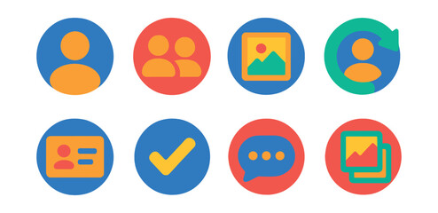Fototapeta premium Flat vector icons of social media profiles in circular style: profile avatar, followers icon, post icon, follow back, bio card, verified badge, message bubble, media gallery.