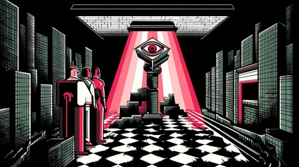 Orwellian city surveillance with watchful eye