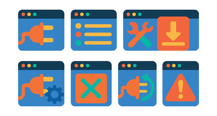 Fototapeta premium Flat vector icons of browser extensions: plugin icon, extension list, manage add-ons, install button, plugin gear, extension popup, plugin update, extension warning.