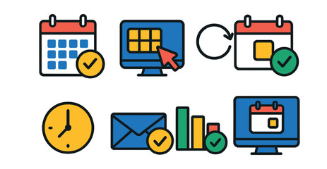 Flat vector icons of online scheduling: appointment calendar, book slot, reschedule icon, confirm appointment, time block, schedule email, availability chart, booking system.