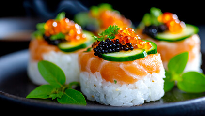 Salmon caviar sushi rolls. Colorful sushi rolls featuring salmon and caviar garnished with cucumber slices and herbs placed on a dark plate.