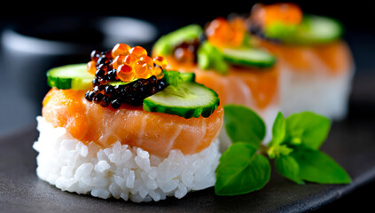 Salmon sushi with caviar toppings. Brightly colored sushi features fresh salmon, caviar, and sliced cucumber, elegantly displayed on a dark plate.
