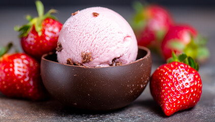 Choco-strawberry delight!. A rich chocolate bowl holds creamy pink ice cream topped with chocolate pieces and surrounded by fresh strawberries.