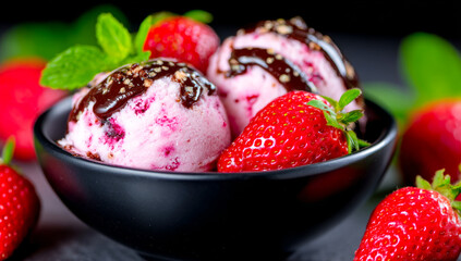 Delicious strawberry dessert in a bowl. Two scoops of strawberry ice cream topped with chocolate sauce and fresh strawberries, served in a black bowl with mint.