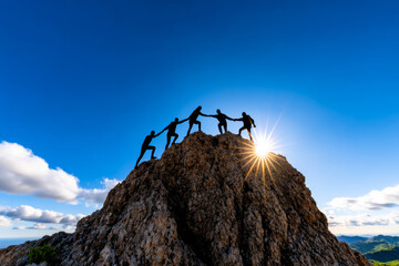 Friends help each other climb a mountain. Friends help each other reach a mountain summit at sunset, silhouetted against a blue sky.