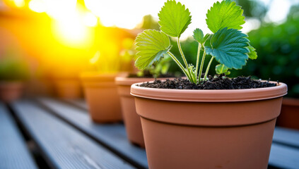 Strawberries in morning light. Strawberry plants thrive in terracotta pots under golden morning sunshine in a garden setting.