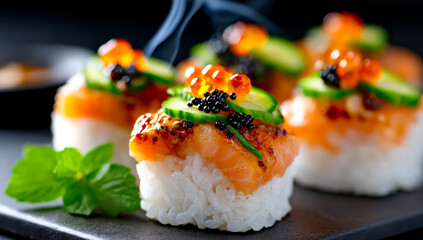 Fresh salmon sushi prep. Sushi features grilled salmon, cucumber, and colorful garnishes, highlighting culinary artistry and flavor.