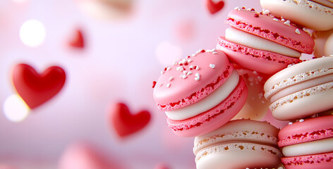 Sweet macarons with hearts as decoration. Delicious pink and white macarons are stacked among floating red hearts, perfect for a romantic celebration.