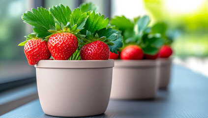 Fresh strawberries in small clay pots. Red ripe strawberries nestled in small pots are arranged neatly on a table, capturing a sunny afternoon mood.