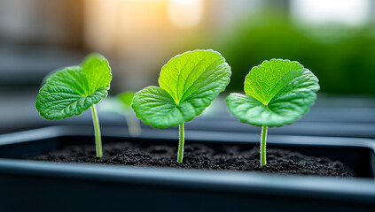 Potted plants in sunlight. Three young green plants are emerging from soil in small pots, illuminated by warm sunlight in a garden setting.