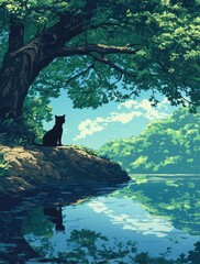 A serene riverside scene, a black cat sits beneath a large tree, reflecting in the calm water. Lush green foliage surrounds the tranquil lake