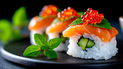 Salmon avocado sushi rolls. Delicious sushi rolls prepared with fresh salmon, avocado, and garnished with wasabi on a dark plate.