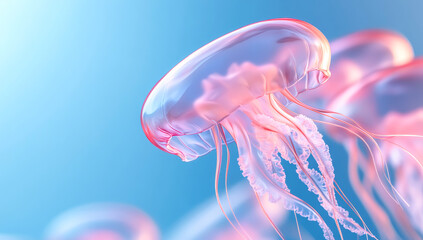 Graceful jellyfish in clear water. Graceful jellyfish glide through the crystal clear water, showcasing their translucent bodies and delicate movements.