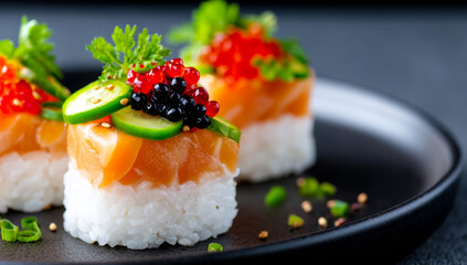 Fresh sushi rolls with vibrant toppings. Three sushi rolls on a black plate, topped with salmon, caviar, and veggies, showcase culinary artistry.