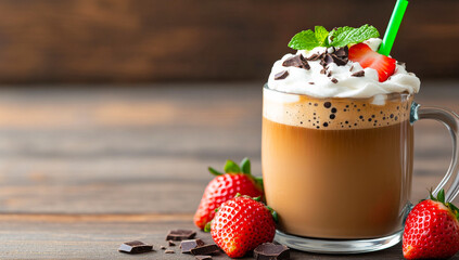 Yummy choc-strawberry drink!. A refreshing chocolate strawberry drink topped with whipped cream, chocolate chips, and mint on a wooden table.