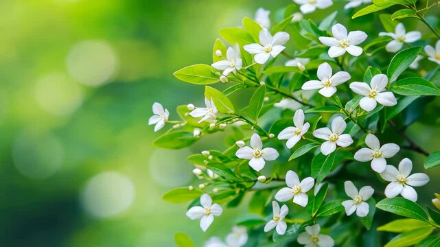 Orange Jessamine Blossoms: Delicate white flowers of orange jessamine, also known as Murraya paniculata, bloom in profusion, showcasing their vibrant beauty against a soft green backdrop.