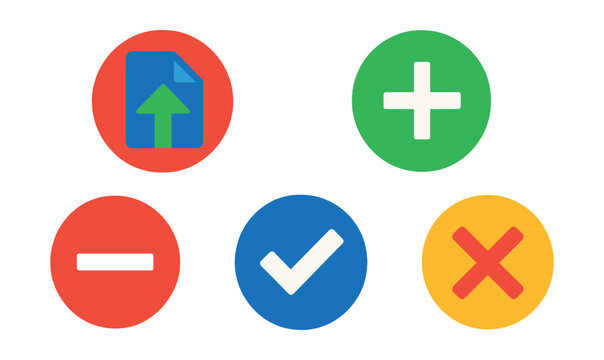 Flat vector icons of file and action icons in circular style: upload arrow, plus add, minus remove, checkmark confirm, cross close.