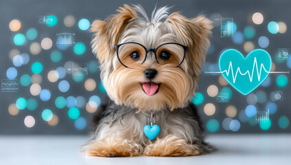 Dog in glasses with heart glow. A small dog wearing glasses sits happily on a table surrounded by glowing heart icons, showing a playful attitude.