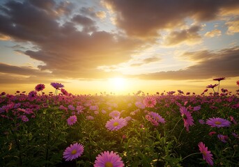 Fototapeta premium Sunset Serenity: A Field of Purple Flowers Bathed in Golden Light