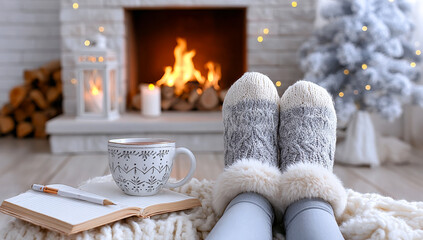 Cozy winter afternoon by the fireplace. Enjoying a warm beverage while relaxing by the fire on a chilly winter afternoon, surrounded by festive decorations.